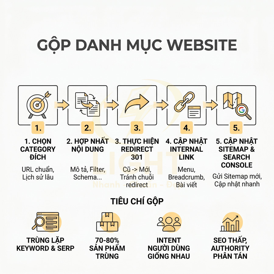 Quy trình gộp danh mục website chuẩn SEO với 5 bước và các tiêu chí gộp danh mục chi tiết