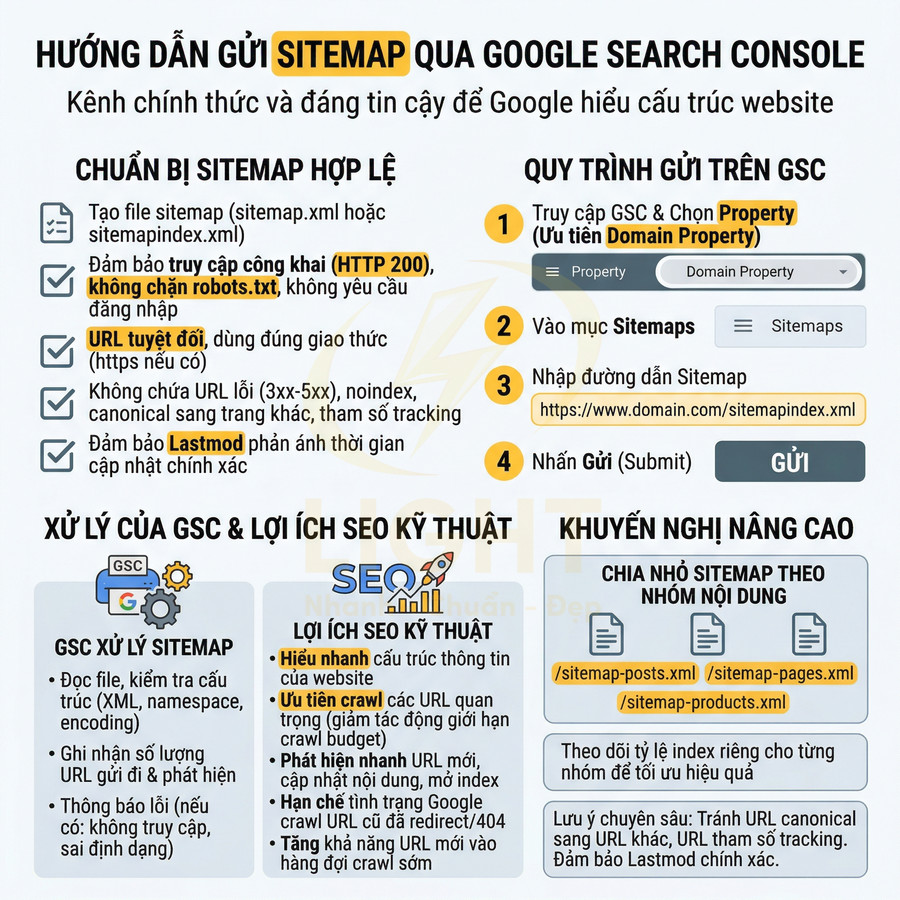 Hướng dẫn gửi sitemap lên Google Search Console, quy trình tạo sitemap chuẩn SEO và lợi ích kỹ thuật cho website
