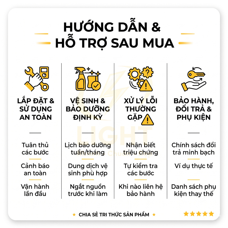 Hướng dẫn và hỗ trợ sau mua cho sản phẩm với lắp đặt, vệ sinh, xử lý lỗi, bảo hành và phụ kiện