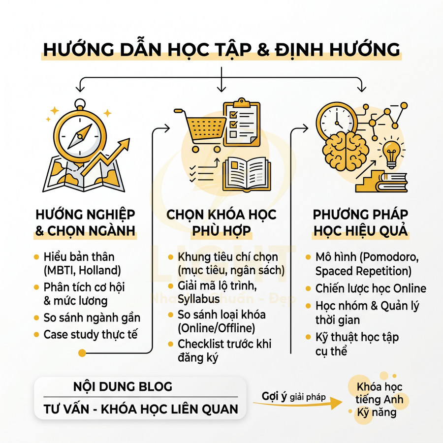 Hướng dẫn học tập và định hướng với các bước chọn ngành, chọn khóa học và phương pháp học hiệu quả