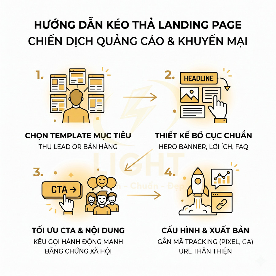 Hướng dẫn kéo thả tạo landing page cho chiến dịch quảng cáo và khuyến mại từng bước chi tiết