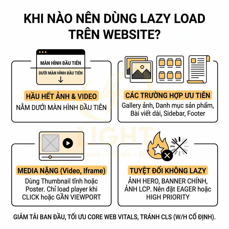 Infographic hướng dẫn khi nào nên dùng lazy load cho ảnh, video, media nặng và nội dung ưu tiên trên website
