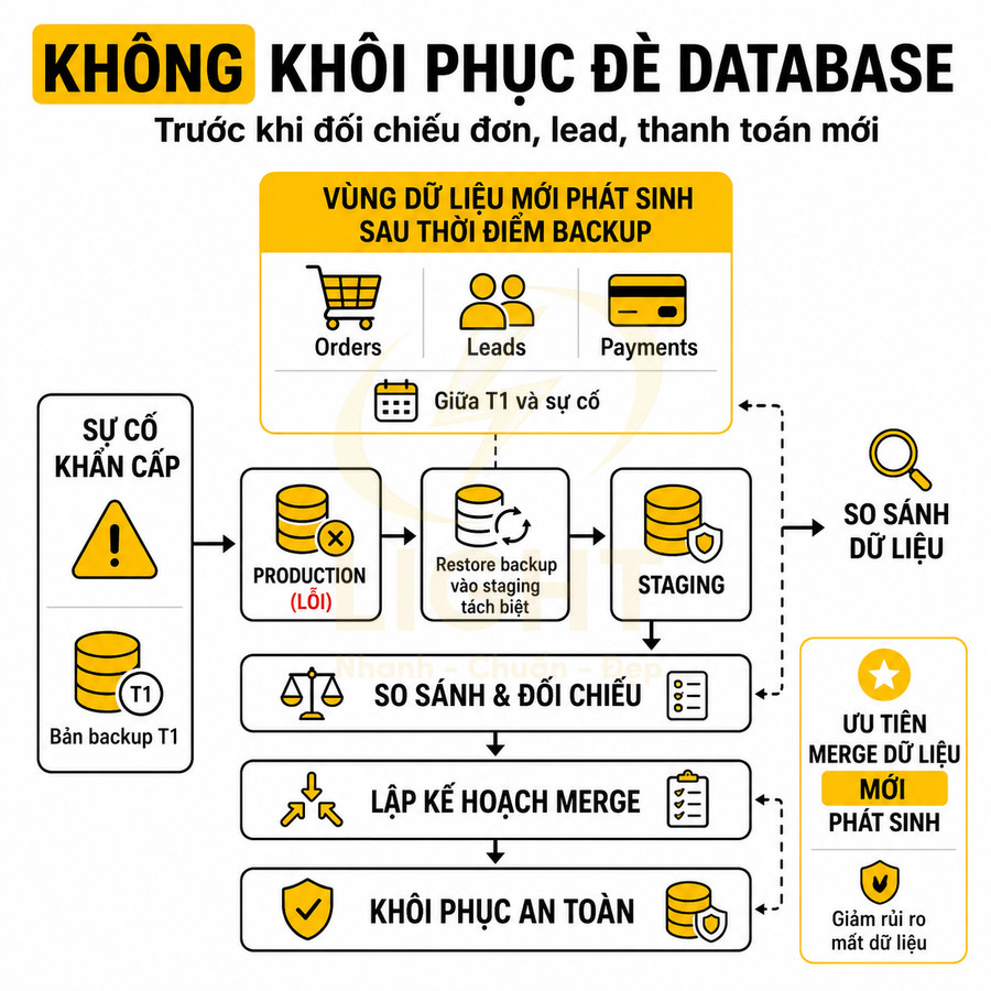 Quy trình khôi phục database an toàn, so sánh dữ liệu backup với đơn hàng, lead, thanh toán mới phát sinh