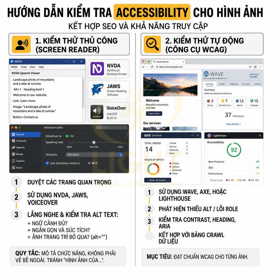 Hướng dẫn kiểm tra accessibility cho hình ảnh bằng screen reader NVDA JAWS VoiceOver và công cụ Wave Axe Lighthouse