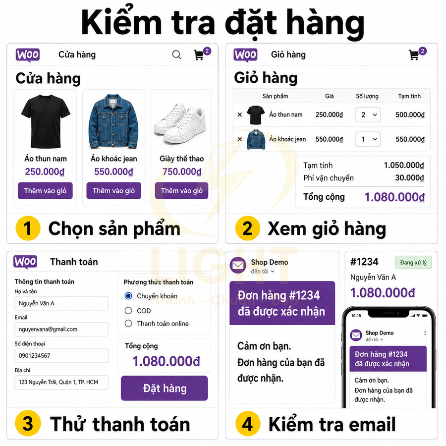 Hướng dẫn quy trình đặt áo thun, áo khoác jean, giày thể thao trên website Woo và xác nhận đơn hàng qua email