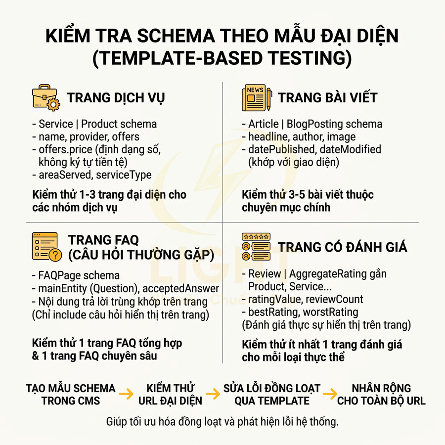 Hướng dẫn kiểm tra schema cho trang dịch vụ, bài viết, FAQ và đánh giá để tối ưu SEO và phát hiện lỗi hệ thống