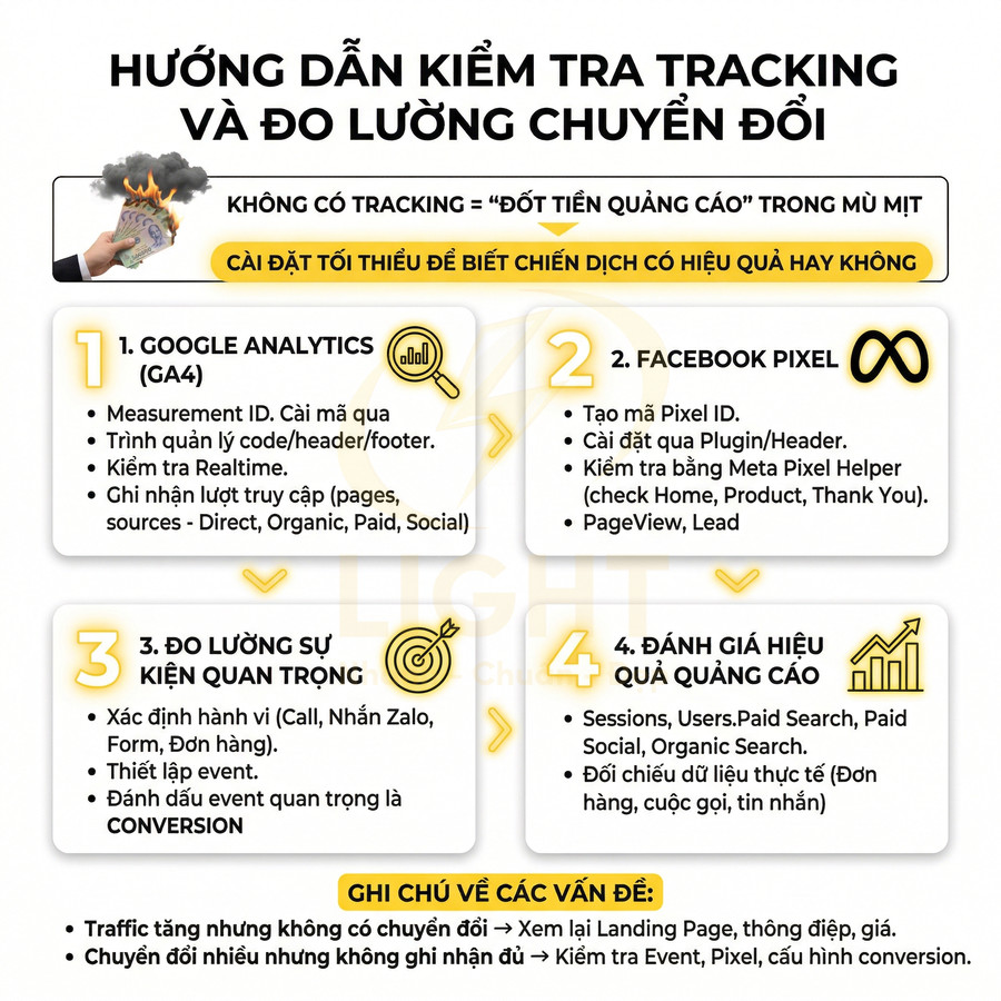 Hướng dẫn kiểm tra tracking và đo lường chuyển đổi với Google Analytics GA4 và Facebook Pixel