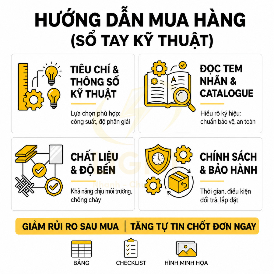 Hướng dẫn mua hàng sổ tay kỹ thuật với tiêu chí kỹ thuật, chất liệu, chính sách bảo hành trình bày dạng checklist