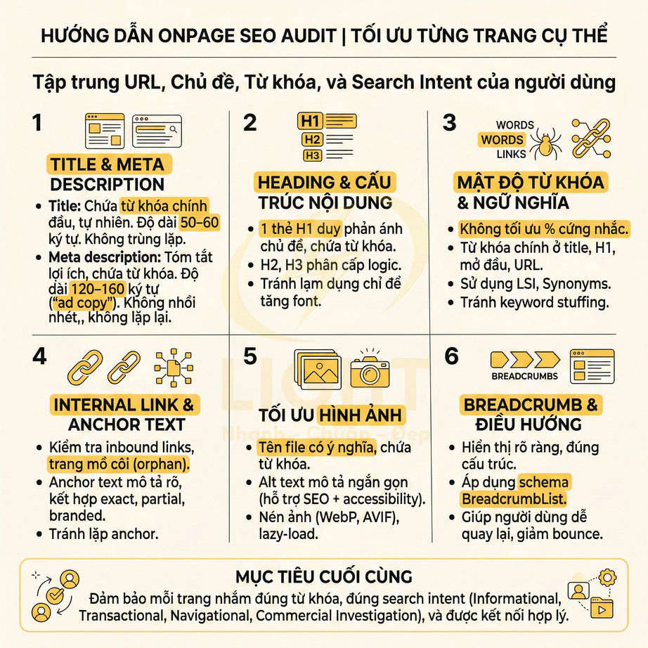 Hướng dẫn onpage SEO audit chi tiết với 6 bước tối ưu title, heading, từ khóa, internal link, hình ảnh và breadcrumb