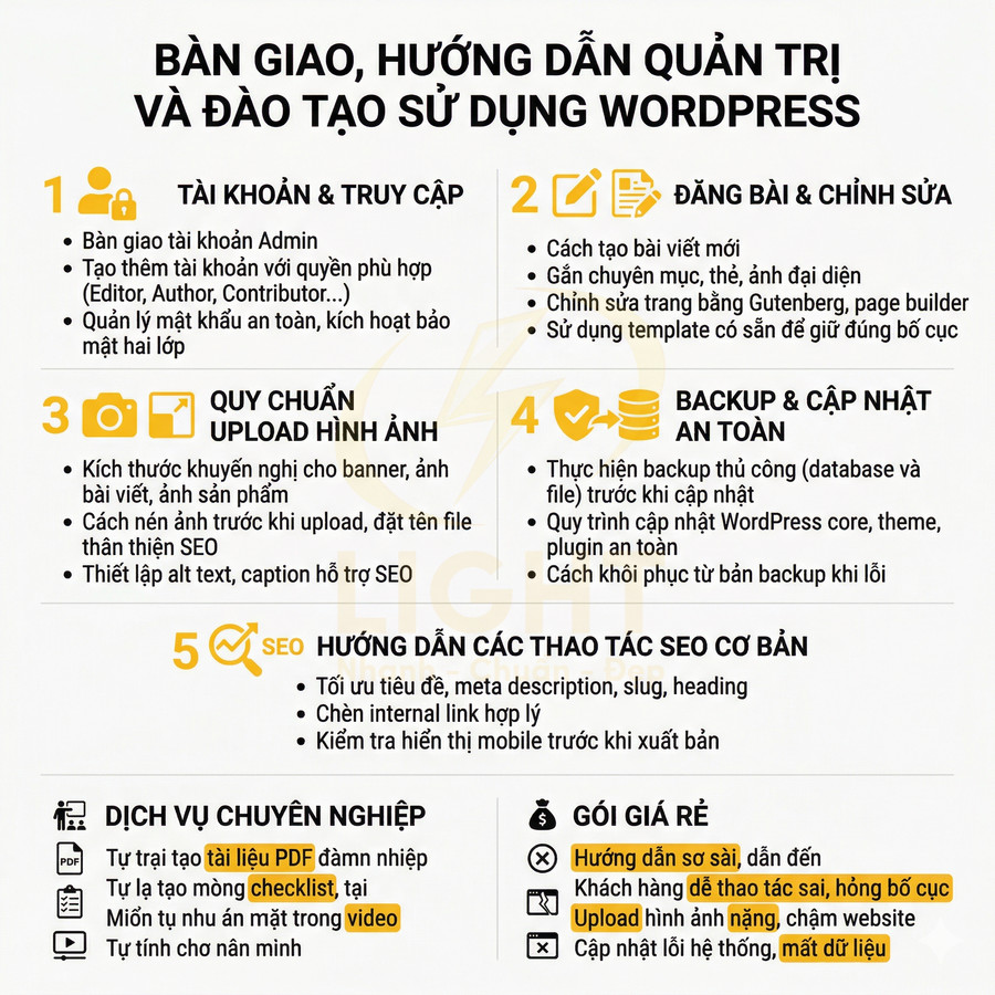 Nội dung bàn giao, hướng dẫn quản trị và đào tạo sử dụng WordPress, quy trình SEO và dịch vụ hỗ trợ chuyên nghiệp
