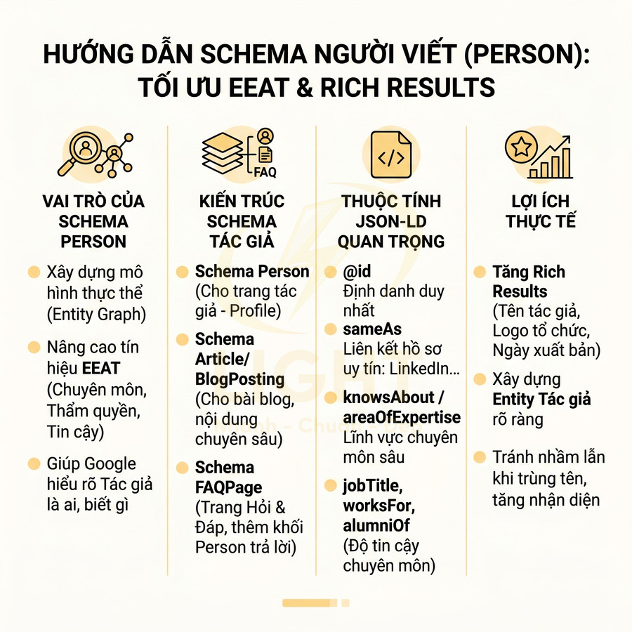 Hướng dẫn schema người viết Person tối ưu EEAT và rich results với vai trò, kiến trúc, thuộc tính JSON LD và lợi ích
