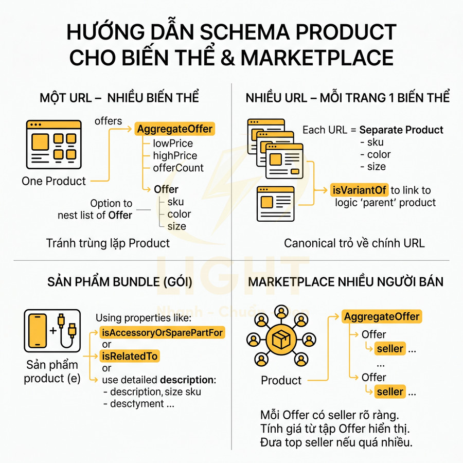 Hướng dẫn schema product cho biến thể và marketplace, minh họa cấu trúc AggregateOffer và isVariantOf