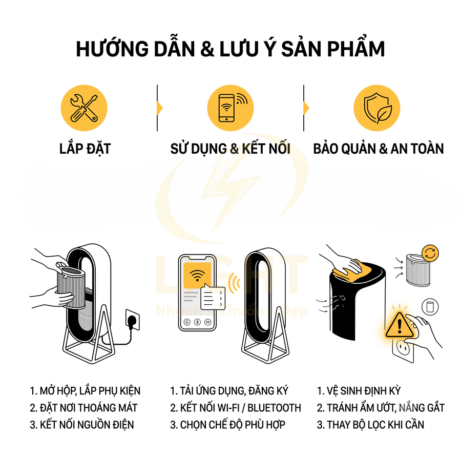 Hướng dẫn lắp đặt sử dụng kết nối và bảo quản máy lọc không khí dạng tháp trong nhà
