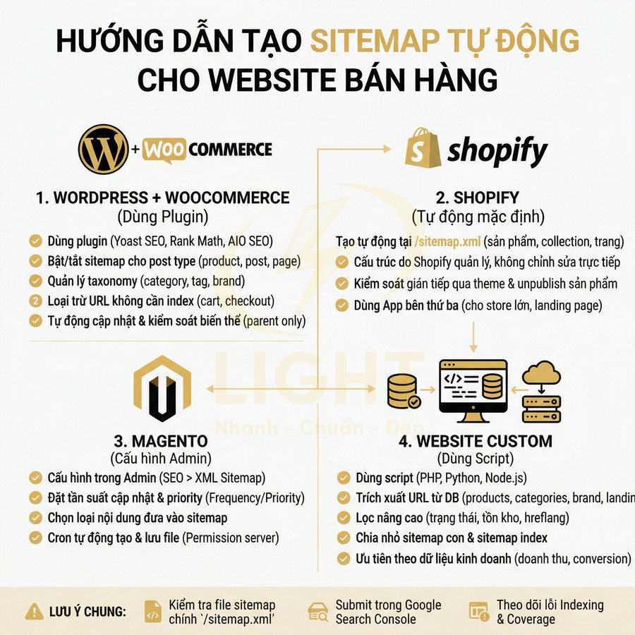 Hướng dẫn tạo sitemap tự động cho website bán hàng trên WordPress WooCommerce Shopify Magento và website custom