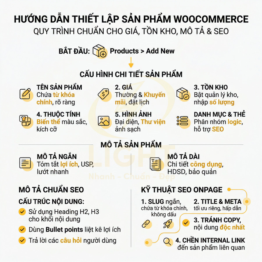 Hướng dẫn thiết lập sản phẩm WooCommerce chuẩn giá, tồn kho, mô tả và SEO chi tiết từng bước