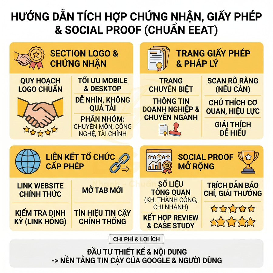Hướng dẫn tích hợp chứng nhận giấy phép và social proof chuẩn EEAT cho website doanh nghiệp