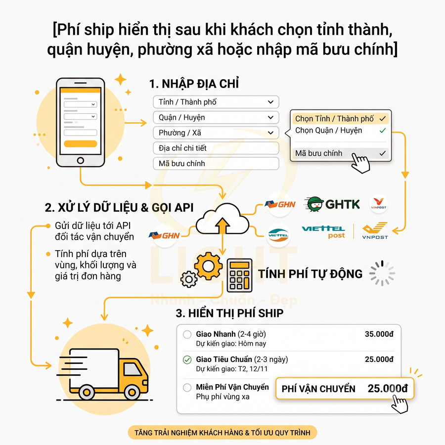 Quy trình hệ thống tính và hiển thị phí vận chuyển tự động theo địa chỉ khách hàng và đơn vị giao hàng