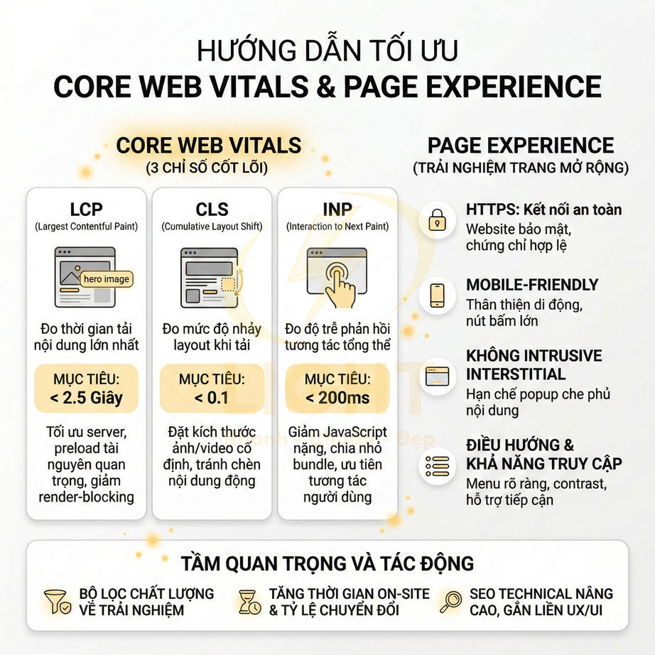 Hướng dẫn tối ưu Core Web Vitals và Page Experience với các chỉ số LCP CLS INP và tiêu chí trải nghiệm trang