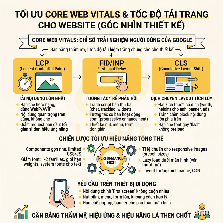 Hướng dẫn tối ưu Core Web Vitals và tốc độ tải trang với các mẹo cải thiện LCP FID INP CLS
