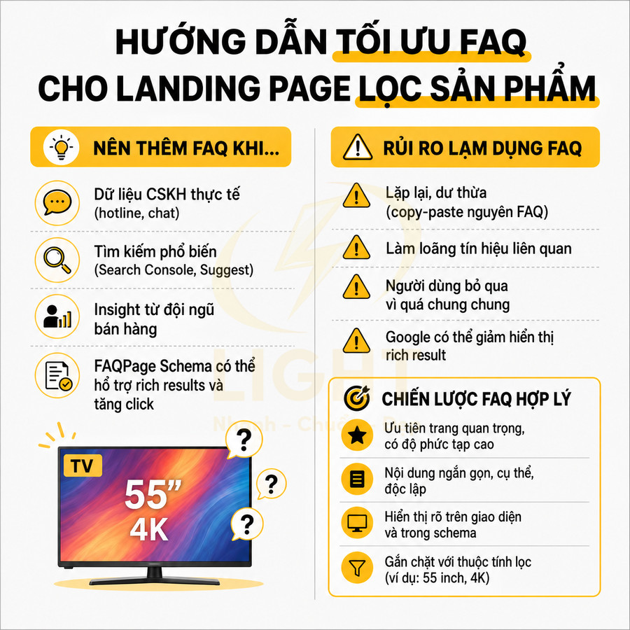 Hướng dẫn tối ưu FAQ cho landing page lọc sản phẩm TV 55 inch 4K, nêu lợi ích, rủi ro và chiến lược FAQ hợp lý