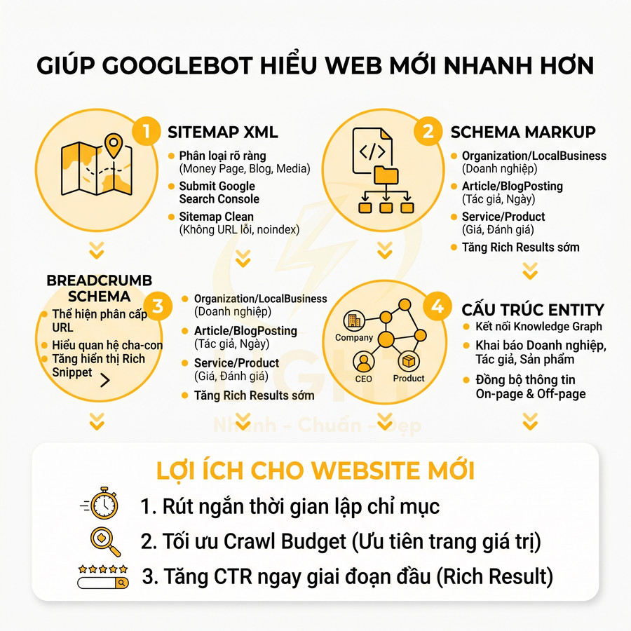 Infographic hướng dẫn tối ưu sitemap, schema, breadcrumb và entity giúp Googlebot hiểu website mới nhanh hơn