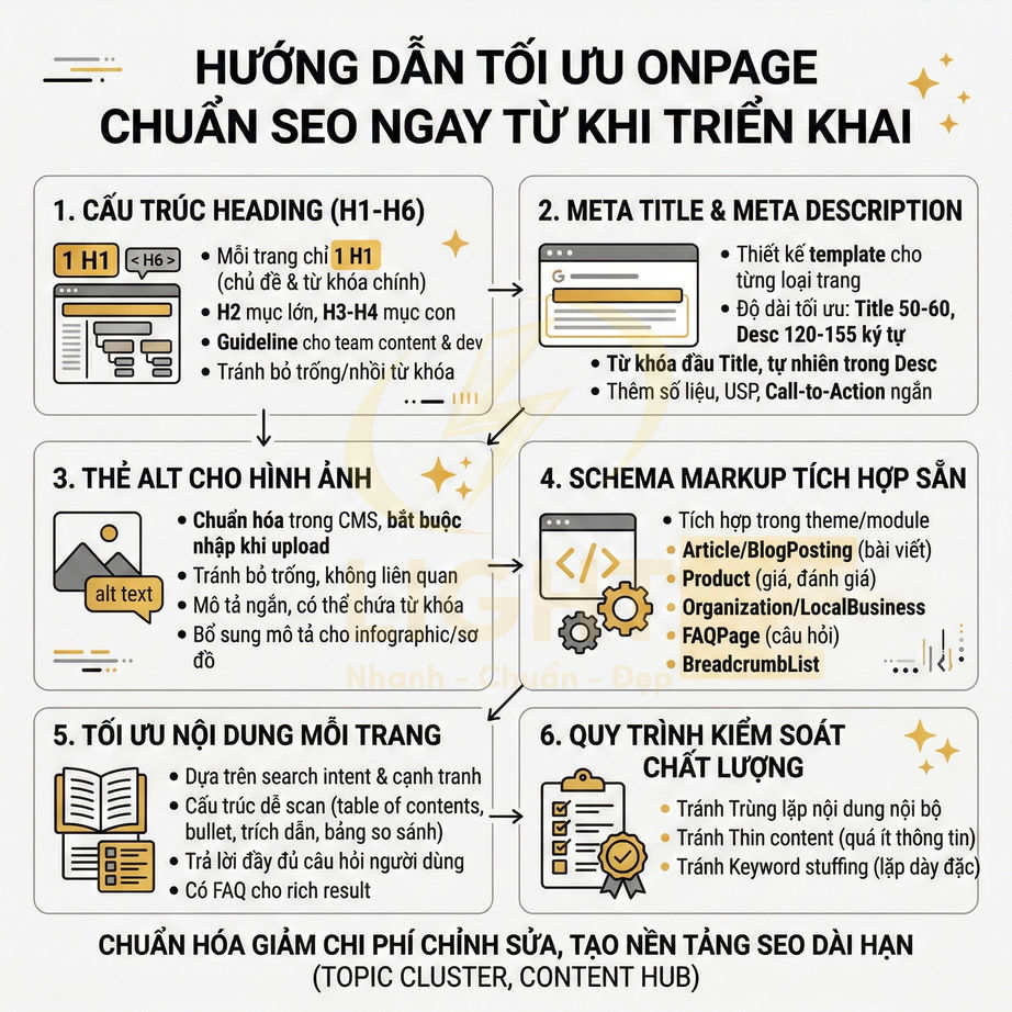 Hướng dẫn tối ưu onpage chuẩn SEO với cấu trúc heading, meta, thẻ alt, schema, nội dung và kiểm soát chất lượng
