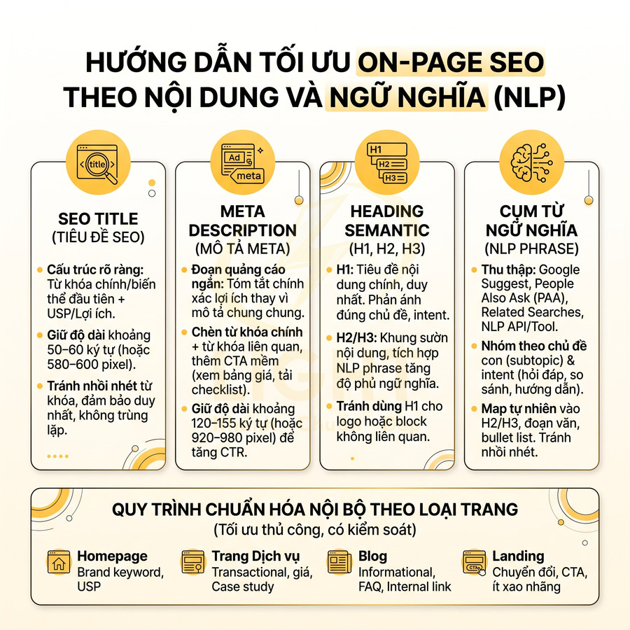 Hướng dẫn tối ưu onpage SEO theo nội dung và ngữ nghĩa NLP với SEO title, meta description, heading và cụm từ ngữ nghĩa