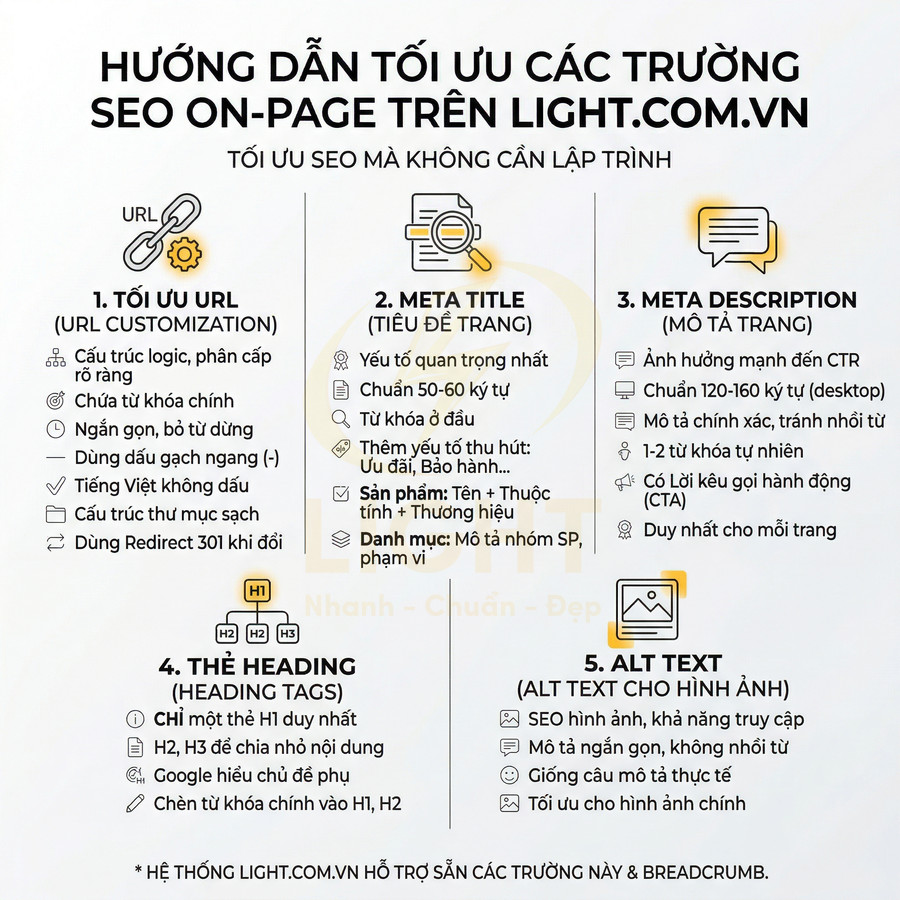 Hướng dẫn tối ưu các trường SEO onpage trên Light.com.vn gồm URL, meta title, meta description, heading và alt text