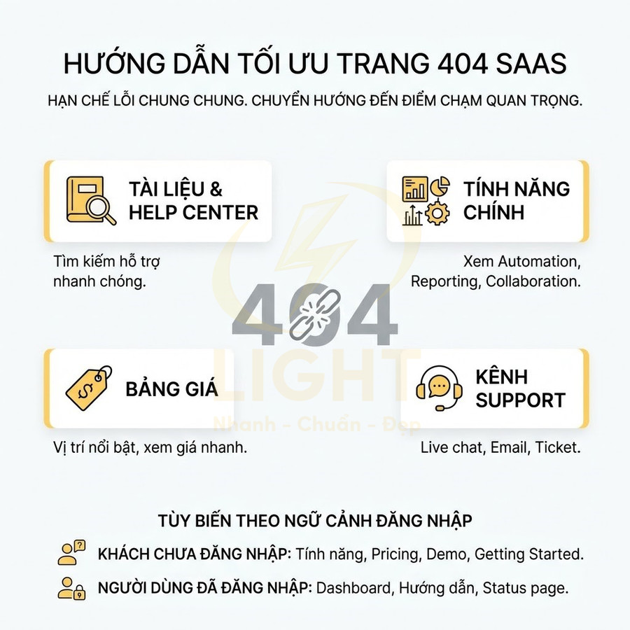 Hướng dẫn tối ưu trang 404 SaaS với liên kết tài liệu, tính năng chính, bảng giá và kênh support