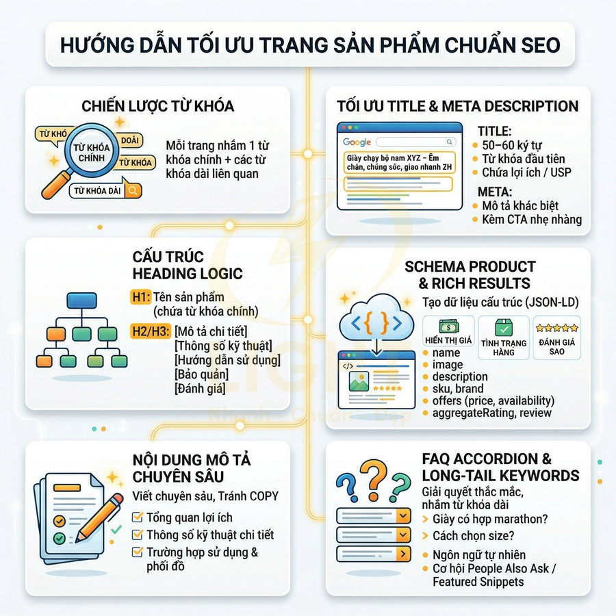 Hướng dẫn tối ưu trang sản phẩm chuẩn SEO với chiến lược từ khóa, heading, schema và nội dung mô tả chi tiết