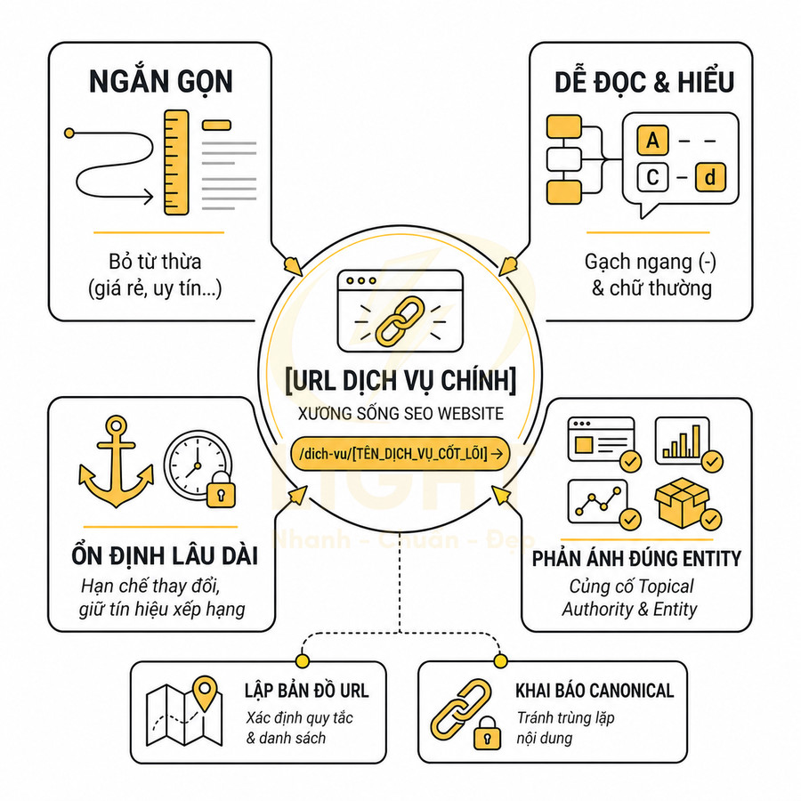 Sơ đồ hướng dẫn tối ưu URL dịch vụ chính cho SEO website với các tiêu chí ngắn gọn, dễ đọc và ổn định lâu dài