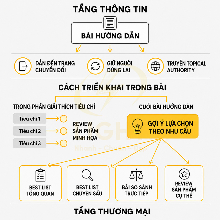 Sơ đồ triển khai bài hướng dẫn review sản phẩm và gợi ý lựa chọn theo nhu cầu để tăng thương mại