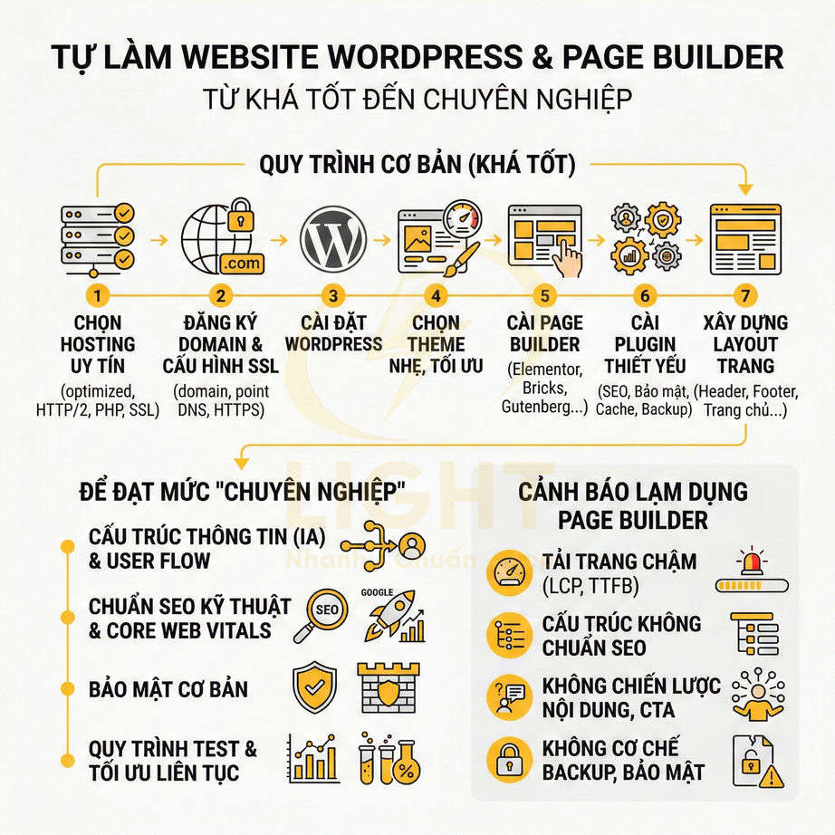 Hướng dẫn quy trình tự làm website WordPress với page builder, tối ưu hosting, theme, plugin và SEO cơ bản