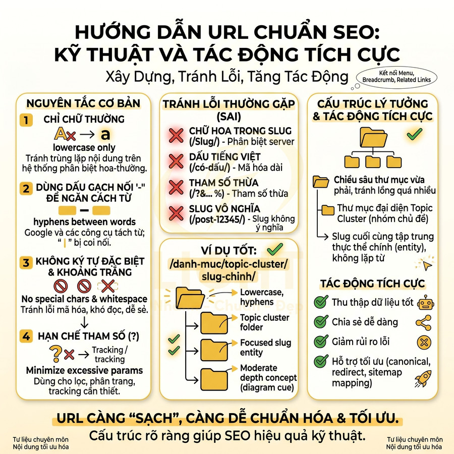 Hướng dẫn cấu trúc URL chuẩn SEO với nguyên tắc đặt slug, tránh lỗi thường gặp và tối ưu tác động tích cực