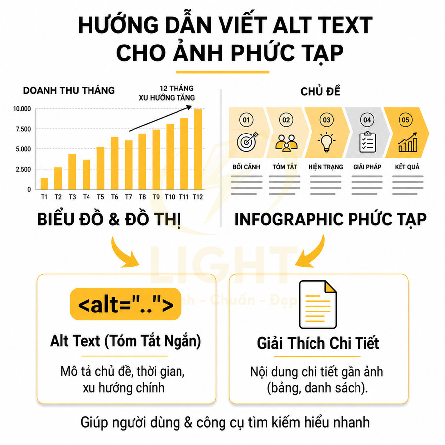 Hướng dẫn viết alt text cho ảnh phức tạp với ví dụ biểu đồ doanh thu và infographic minh họa