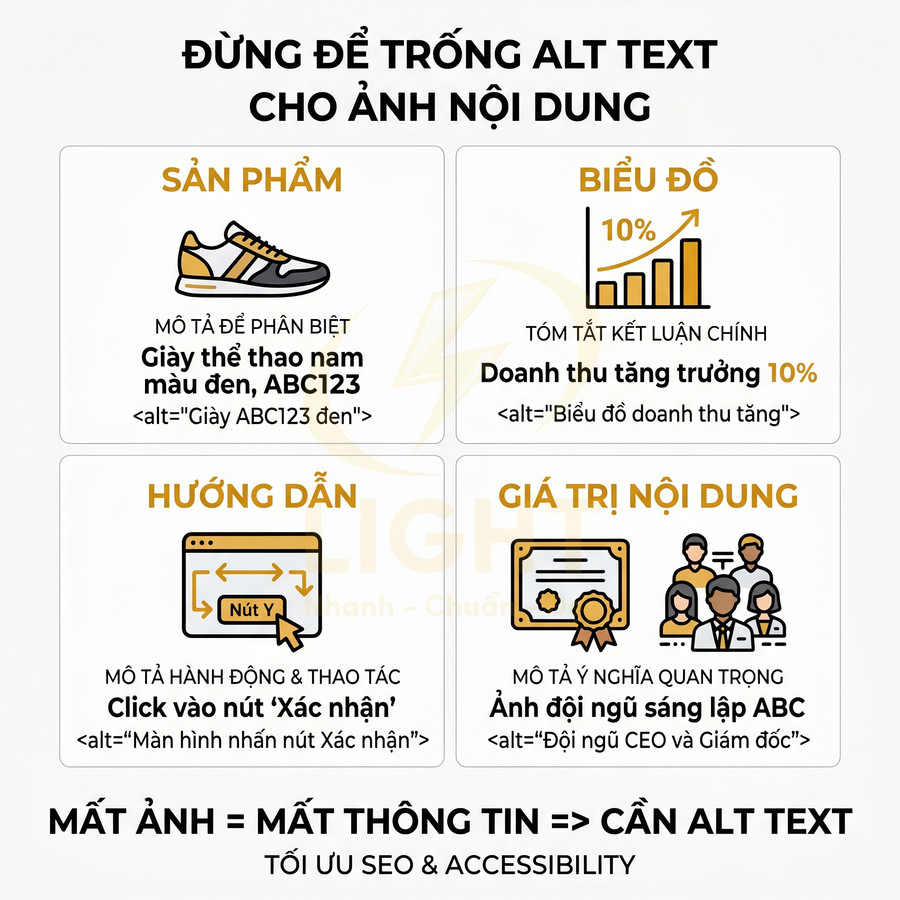 Infographic hướng dẫn viết alt text cho sản phẩm, biểu đồ, hướng dẫn thao tác và hình ảnh giá trị nội dung