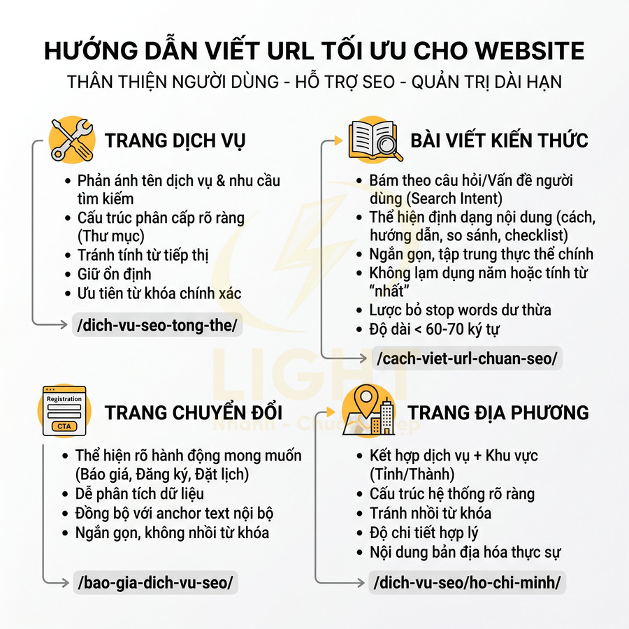 Hướng dẫn viết URL tối ưu cho website với ví dụ cho trang dịch vụ, bài viết kiến thức, trang chuyển đổi và trang địa phương