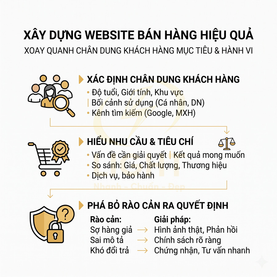 Infographic xây dựng website bán hàng hiệu quả dựa trên chân dung khách hàng, nhu cầu và rào cản quyết định mua