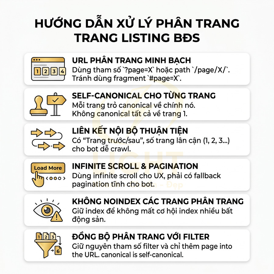 Hướng dẫn xử lý phân trang trang listing bất động sản với URL minh bạch, self canonical, internal link và infinite scroll