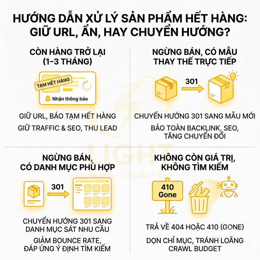 Hướng dẫn xử lý sản phẩm hết hàng cho website: giữ URL, chuyển hướng 301 hoặc trả về 404 410 để tối ưu SEO