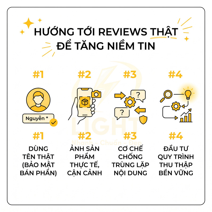Hướng dẫn xây dựng review sản phẩm chân thực với tên thật, ảnh cận cảnh, chống trùng lặp và quy trình thu thập bền vững