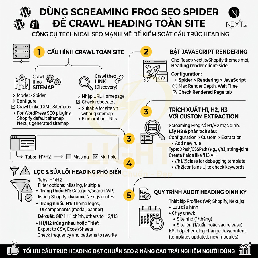 Hướng dẫn dùng Screaming Frog SEO Spider crawl và audit cấu trúc heading H1 H2 H3 cho toàn bộ website