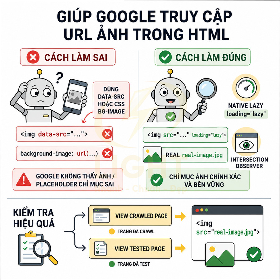 Hướng dẫn tối ưu thẻ img giúp Google truy cập đúng URL ảnh trong HTML và kiểm tra hiệu quả crawling