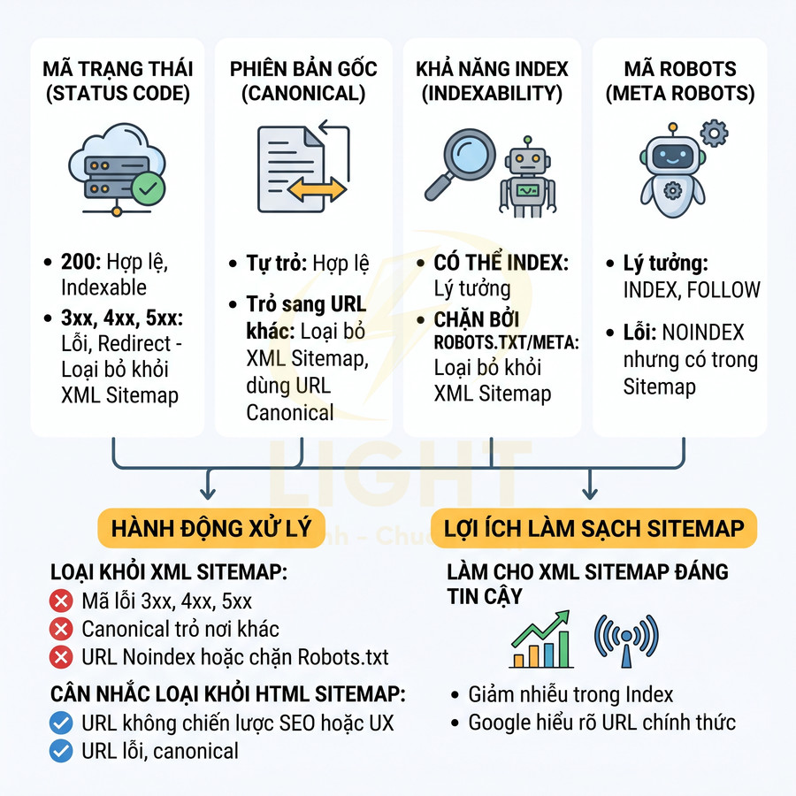 Infographic hướng dẫn làm sạch XML sitemap với mã trạng thái, canonical, khả năng index và thẻ meta robots trong SEO