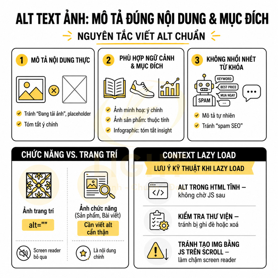 Infographic hướng dẫn viết thẻ alt chuẩn SEO với nguyên tắc mô tả nội dung, ngữ cảnh, tránh nhồi nhét từ khóa