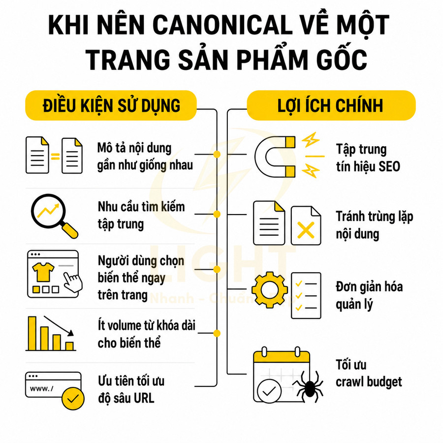 Infographic hướng dẫn khi nên canonical về trang sản phẩm gốc và các lợi ích SEO chính