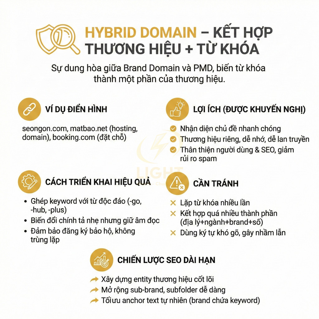 Infographic hướng dẫn chiến lược Hybrid Domain kết hợp thương hiệu và từ khóa cho SEO hiệu quả