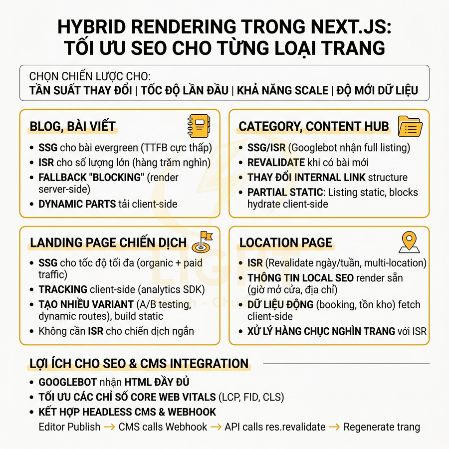 Infographic hybrid rendering trong Next.js tối ưu SEO cho blog, category, landing page, location page và tích hợp CMS