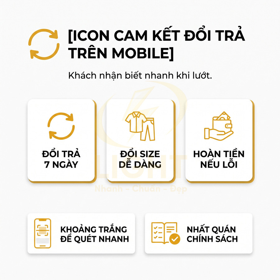 Icon cam kết đổi trả trên mobile với ưu đãi đổi trả 7 ngày, đổi size dễ dàng, hoàn tiền nếu lỗi