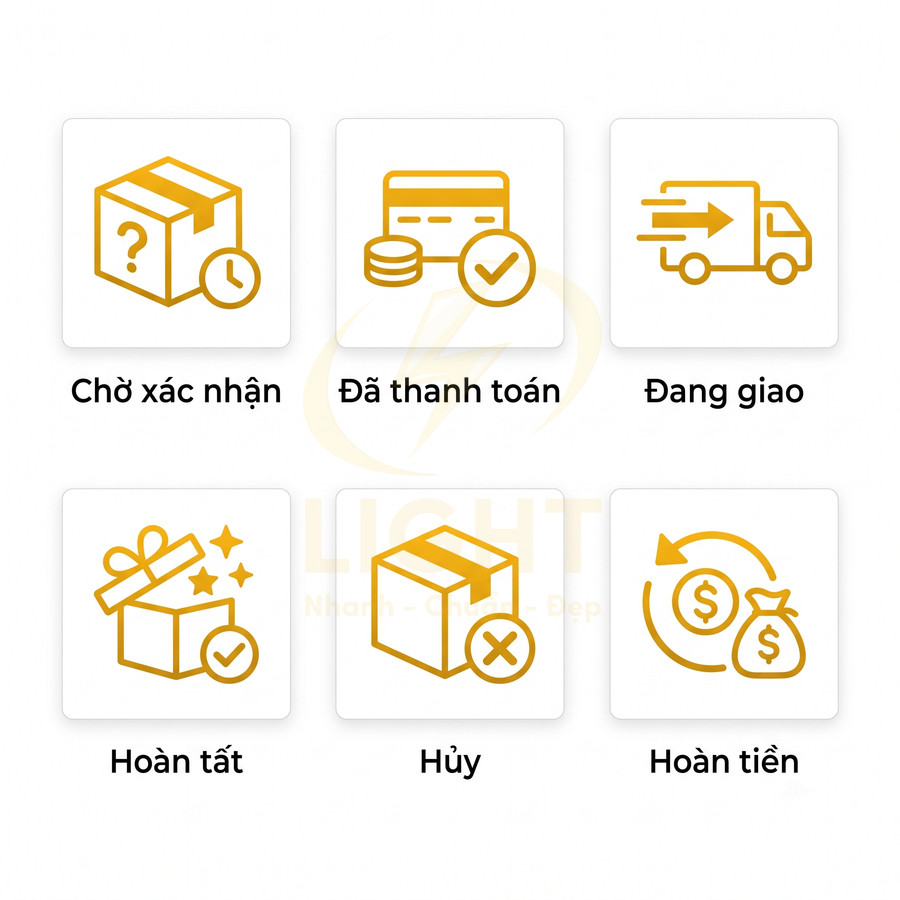 Các trạng thái đơn hàng: chờ xác nhận, đã thanh toán, đang giao, hoàn tất, hủy, hoàn tiền
